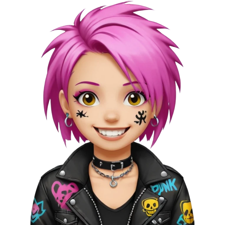 a punk girl with neck-length dyed hair and wear a punk graffiti jacket with black choker grin playfully  emoji