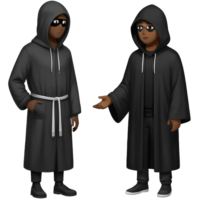 Tall black hooded figure with one eye showing, wearing a full black robe, standing indoors talking to a man in a black cap and ho emoji