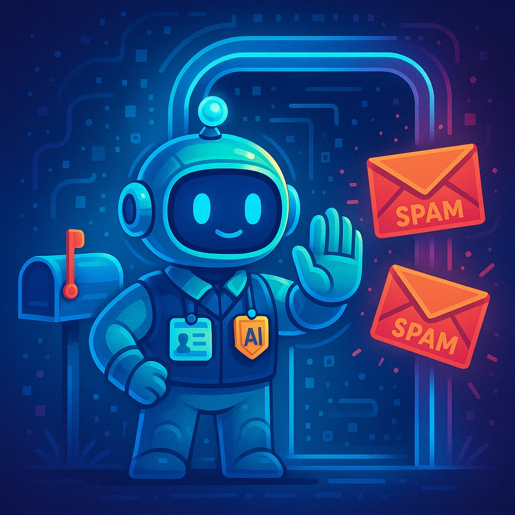A friendly AI character as an email bouncer agent, standing at a digital doorway with a mailbox, wearing a security badge, gently blocking spam emails, futuristic and approachable emoji
