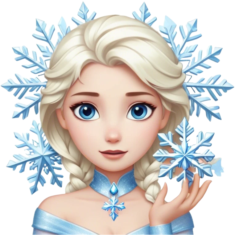 Cinematic Realistic Elsa Portrait, depicted with lifelike skin texture, soft natural lighting, and intricately detailed platinum blonde hair styled elegantly. Her striking, expressive blue eyes exude confidence and grace, complemented by a serene and regal expression. She holds a shimmering snowflake delicately in one hand, her other hand resting against her gown, embodying the power and beauty of winter. She is dressed in her signature icy attire, with shimmering fabric textures and delicate folds that catch the light beautifully. The portrait features a soft, enchanting glow with a cool, radiant finish, capturing the essence of timeless elegance in a realistic and painterly style. emoji