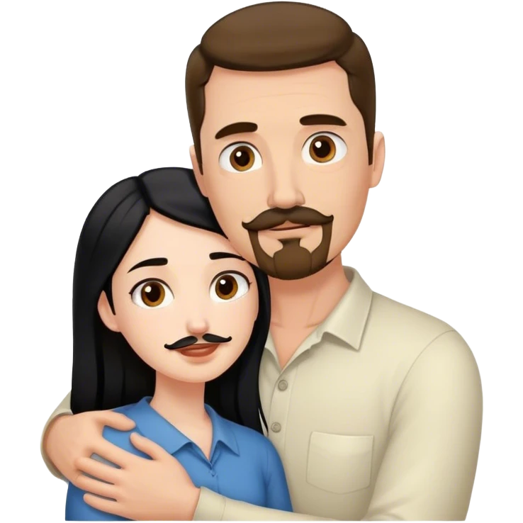 Tall white man with brown mustache and goatee hugging a short pale woman with long black hair emoji