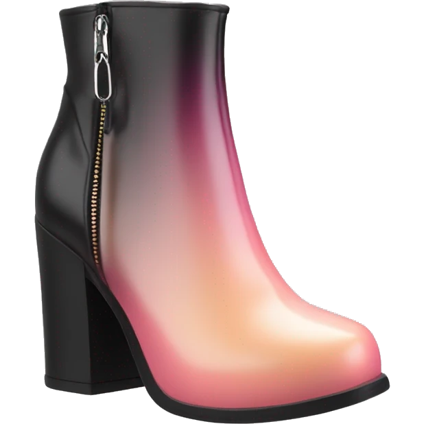 Hyper Realistic isolated top front view of a pair  of peach,pink and black ombre chunky heel zippered ankle bootie boots. emoji