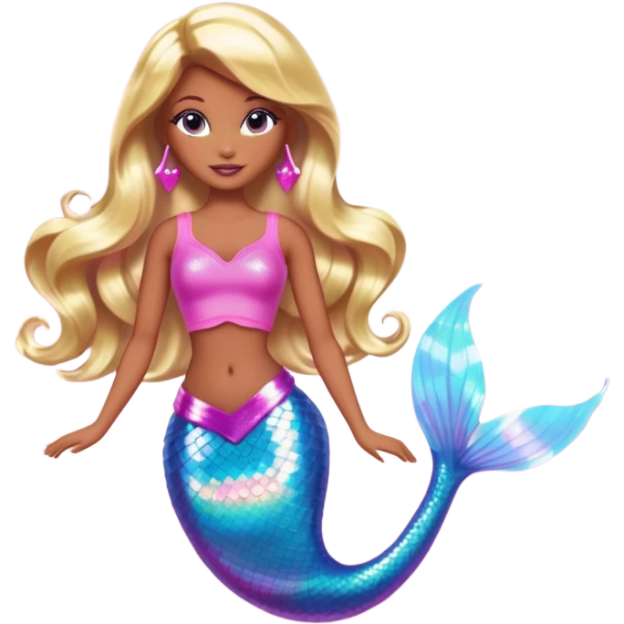 Brown skin blonde hair barbie mermaid with holographic tail and pink highlights in hair  emoji