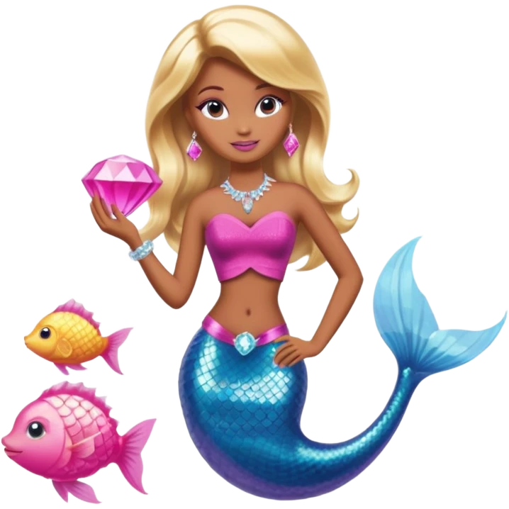 Brown skin blonde hair barbie mermaid with pink diamond tail  with pufferfish emoji