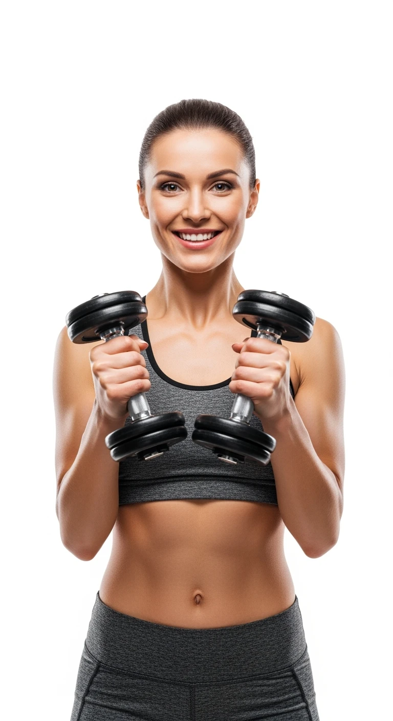 donna fitness felice con manubri da palestra in mano, iperrealistico 4k, sfondo bianco emoji