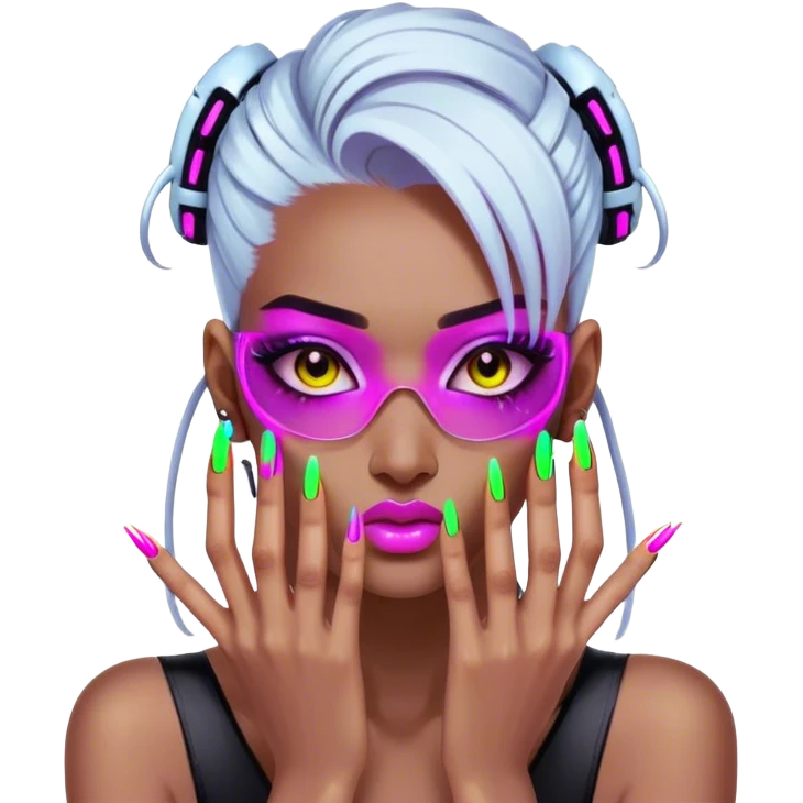 cyberpunk style neon 
manicure with long nails shows fak emoji