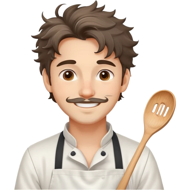 Attractive chef boyfriend with messy apron, tousled hair, playful smile. flour on cheeks, romantic emoji