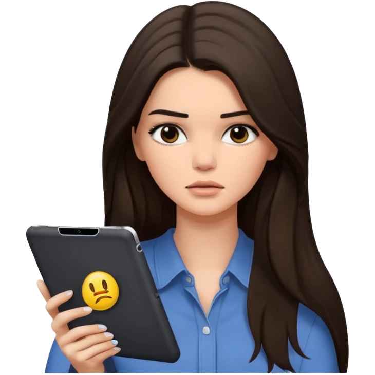 bored and sad brunette  Kendall Jenner with long hair holding iPad emoji emoji