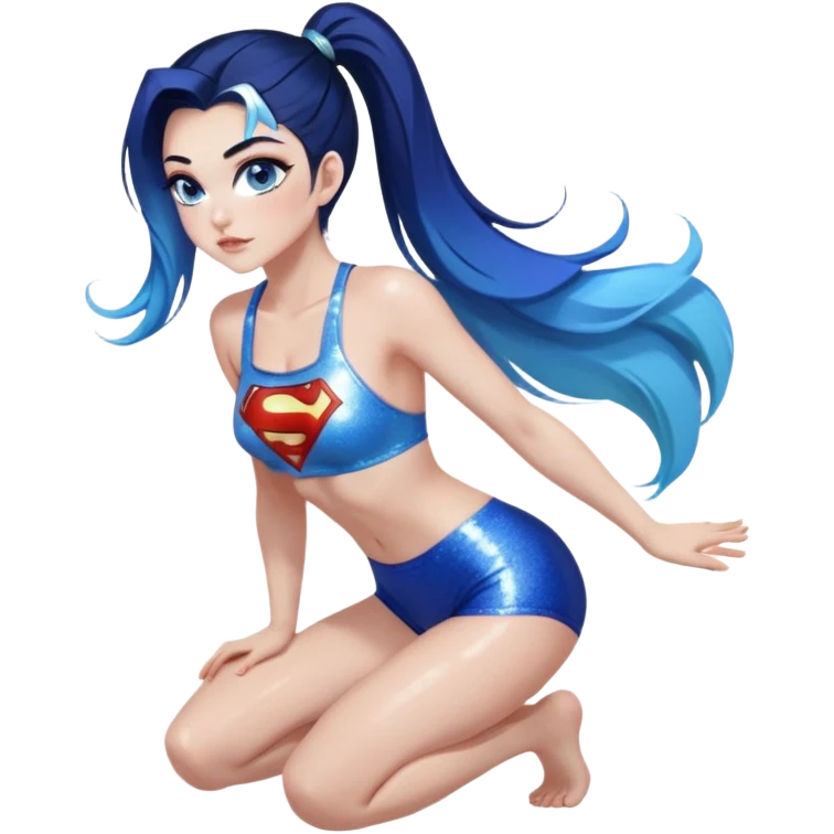 very very very large chest-sexy face-on knees-very long straight flowing dark blue to light blue hair ombre all hair in a high ponytail and-blue eyes-black eyeliner-long eyelashes-iridescent bikini top with glitter superman logo-overall shorts emoji