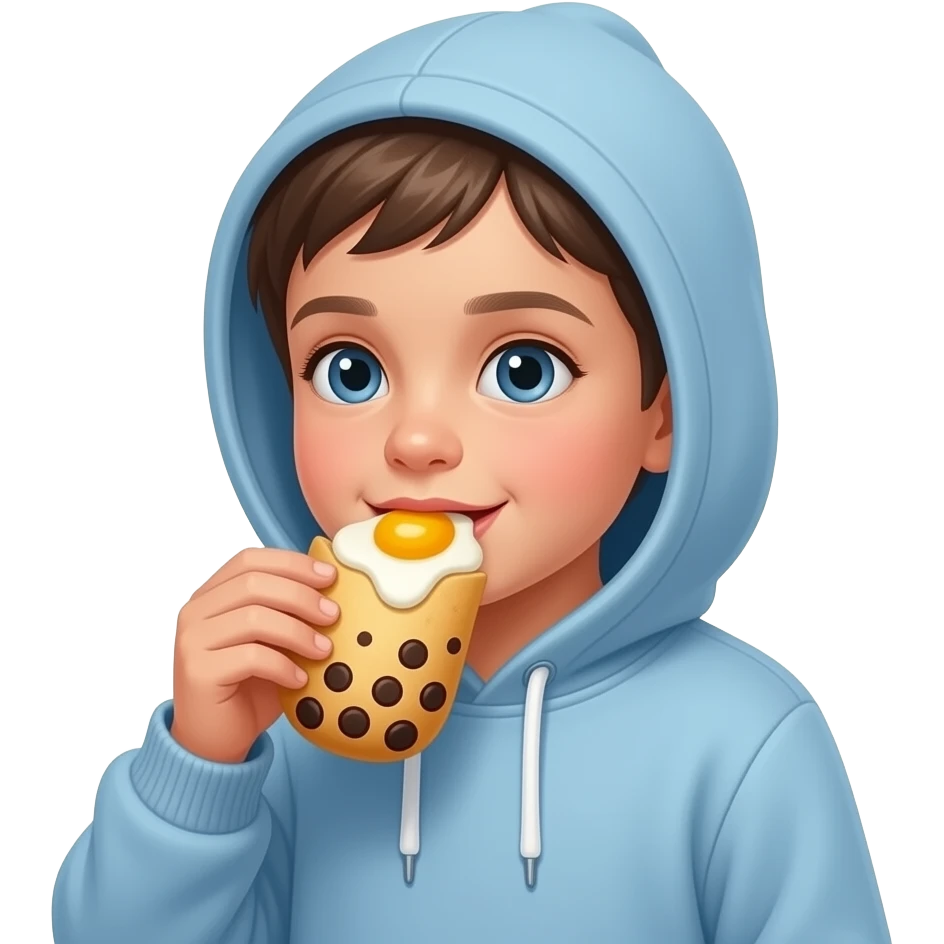 a little kid in a light blue hoodie eating boba fett from star wars and egg yolks rain from the damn sky emoji