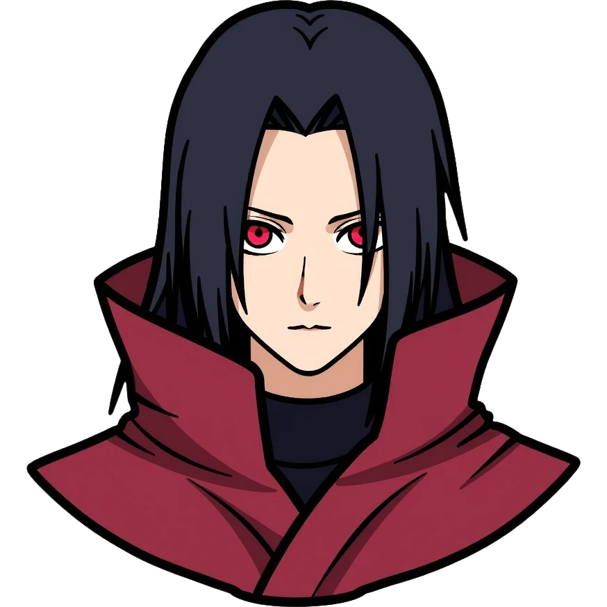 Itachi Uchiha with long black hair, Sharingan eyes, facial lines under his eyes, wearing Akatsuki cloak emoji
