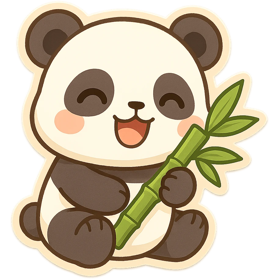chibi sticker of a cheerful panda with bamboo emoji