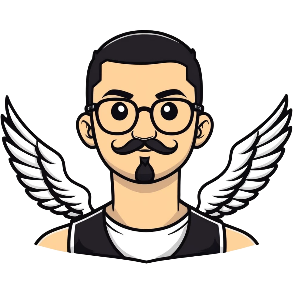pumped up white male, glasses, buzz cut black hair, handlebar mustache black, two wings tattooed on his chest emoji