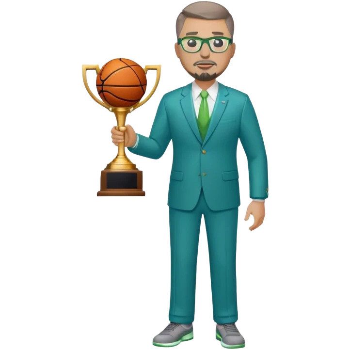 Full Body white plus size man  wearing glasses with a goatee with light brown and gray short hair basketball head Coach in blue and green suit holding trophy emoji