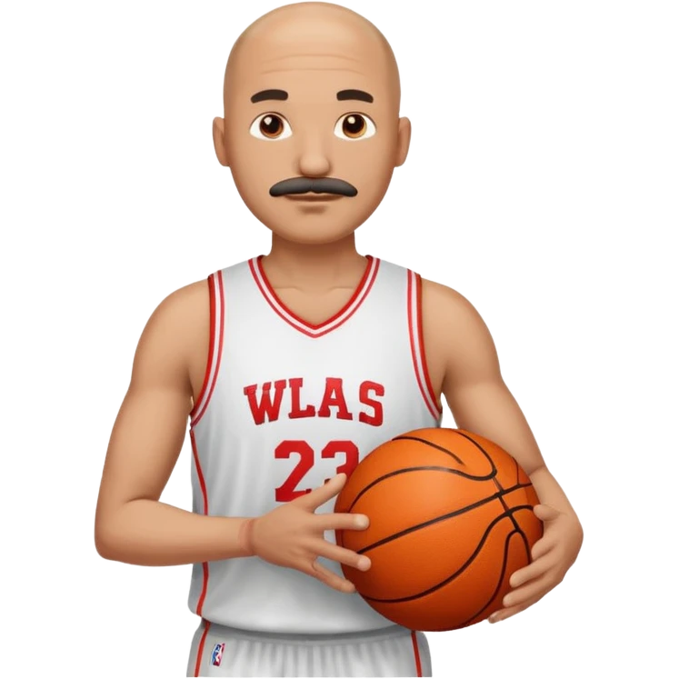 bald man basketball player white jersey with mustache holding basket ball emoji