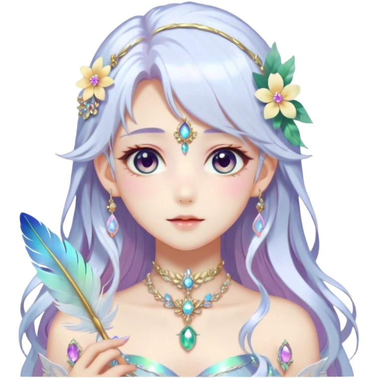 Beautiful gorgeous anime lady with beautiful iridescent-white-special-hair, fashion aesthetic, ethereal, fairycore, pastelcore, feather, flower, gems, accessories, jewelries, gold, colorful emoji