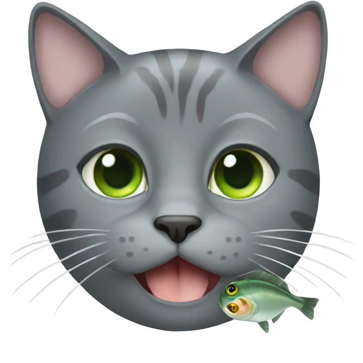 gray Cat green eyes eating fish emoji