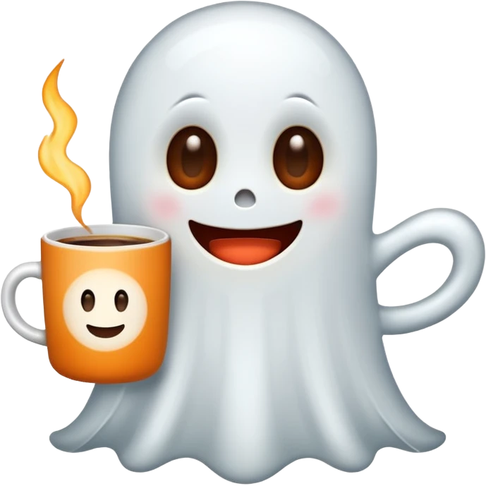 
a cute ghost holding a mug of hot coffee
 cartoon -style/cute and transparent for a sticker 
 emoji