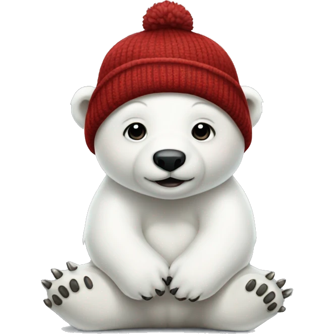 Baby Polar bear wearing a dark red beanie on top of its head. Full body of the polar bear. The polar bear is sitting down. emoji