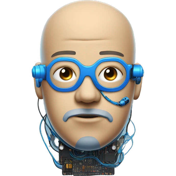 Fat bald cyborg head with tan skin, blue beard, blue goggles and circuits emoji