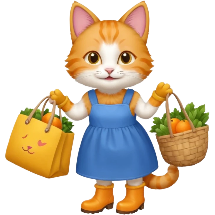 smiling-cat-in-a-blue-dress,-yellow-boots,-carrying-a-market-bag emoji