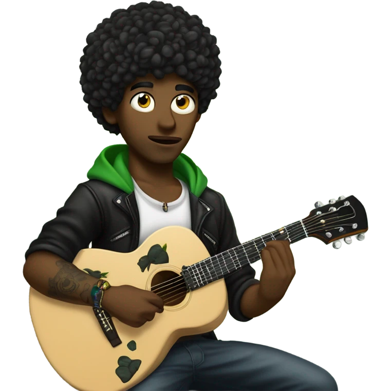 Un chico de cabello negro, con ojos verdes, piercing en la nariz y labio. Con una guitarra en mano de color negra. Tiene tatuajes en los brazos.  emoji