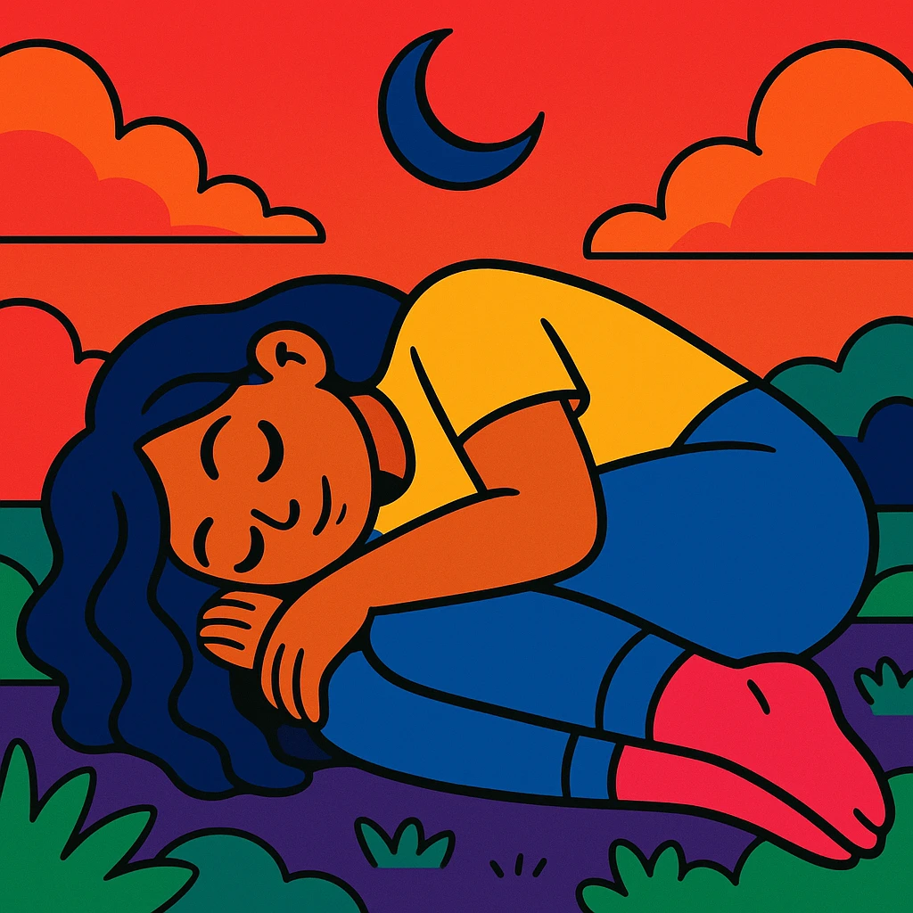 mujer descansando en posición fetal, cielo rojizo de fondo, luna nueva, estilo cartoon colorido vibrante emoji