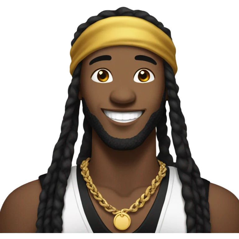 Kai Cenat with black dreadlocks with durag on and a big smile wearing black shirt and gold chain emoji