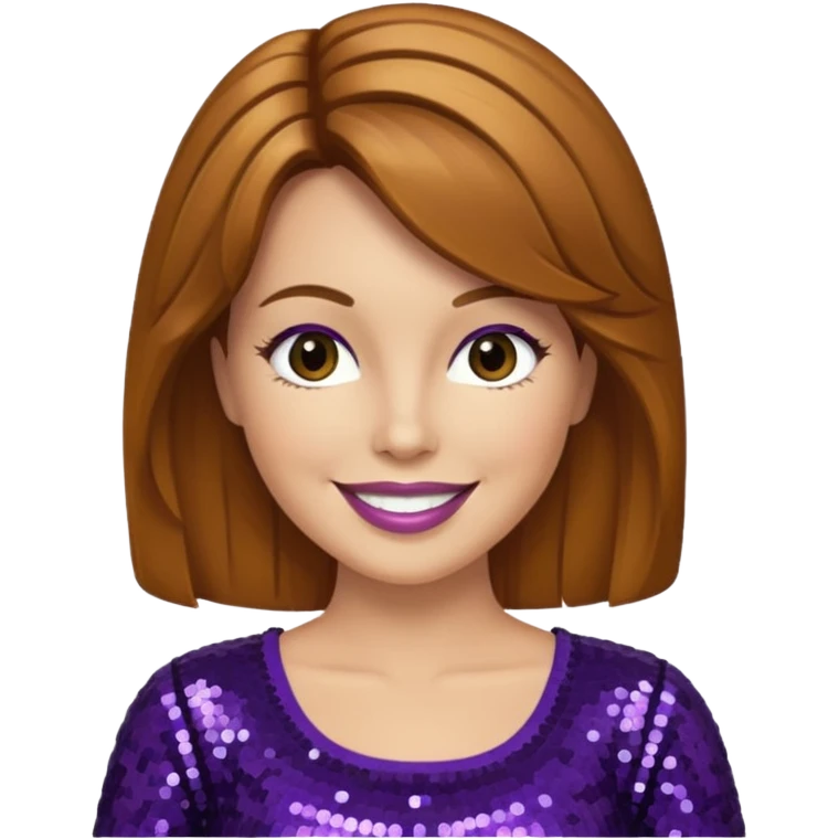 Lee Purcell with medium golden brown hair, dark purple sequin outfit emoji