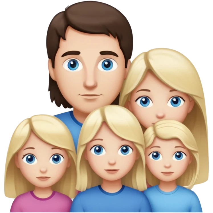 Family portrait with father with dark brown hair and blue eyes, mother with light brown hair and blue eyes, three blonde little girls with blue eyes emoji