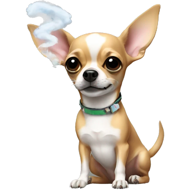 A chihuahua holding a bunny holding a vape emoji
