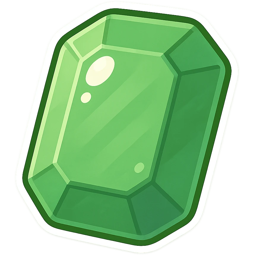 a green emerald cut gem, cartoon style, with highlights emoji