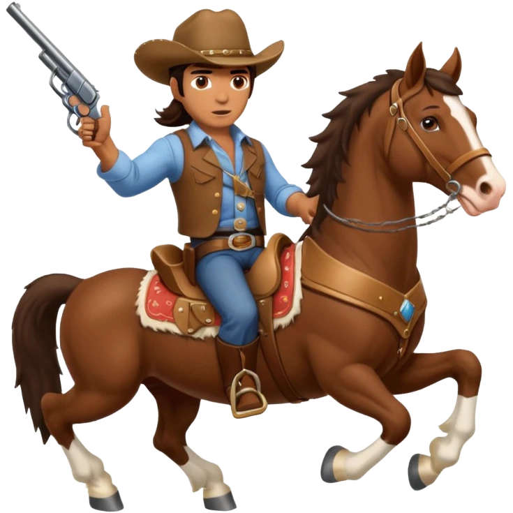 I need a very muscular brunette cowboy riding a large Clydesdale horse shooting a gun in both handles. emoji