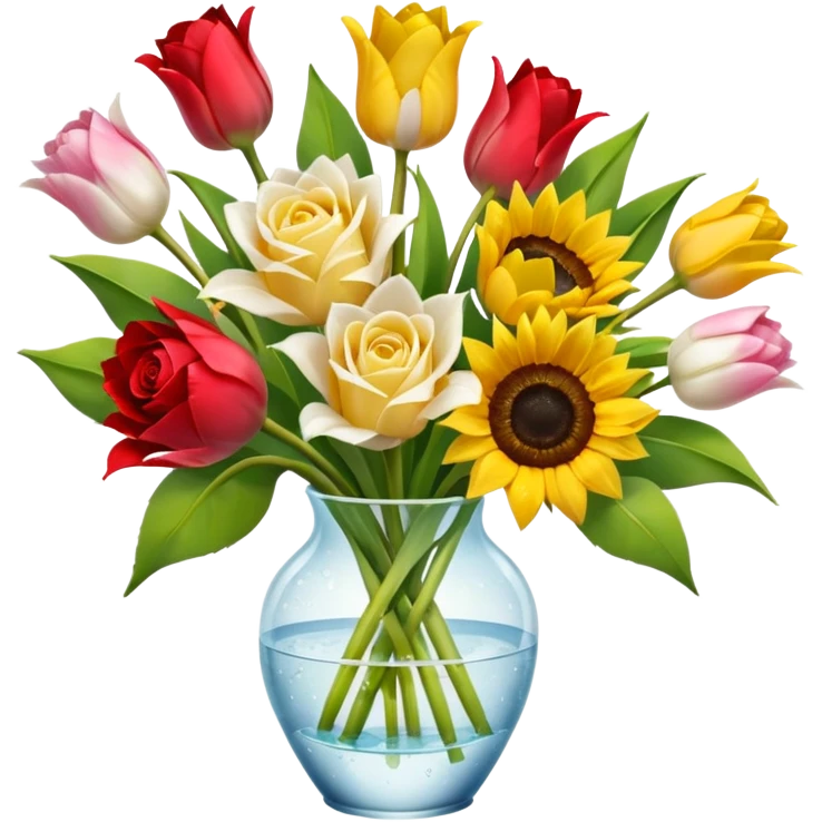 A mix bouquet of red, yellow and white roses, Sunflowers and white and pink Tulips emoji