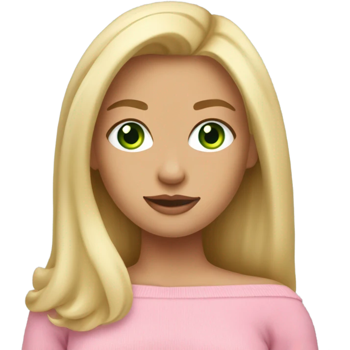 blonde girl with green eyes, smooth skin, pink off shoulder sweater, long blow out hair emoji