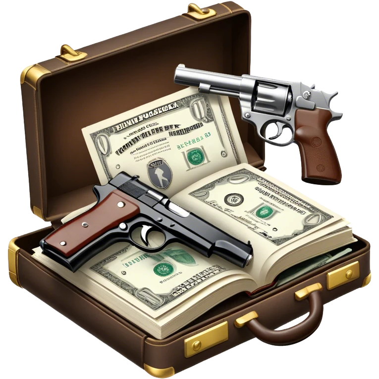 Icon for Action & Crime Reading: open book with text and picture, with a silhouette of a gun, a bag of money, and a police badge on the pages. Surrounding elements include a pair of handcuffs, a briefcase, and scattered bullet casings. Transparent background. emoji