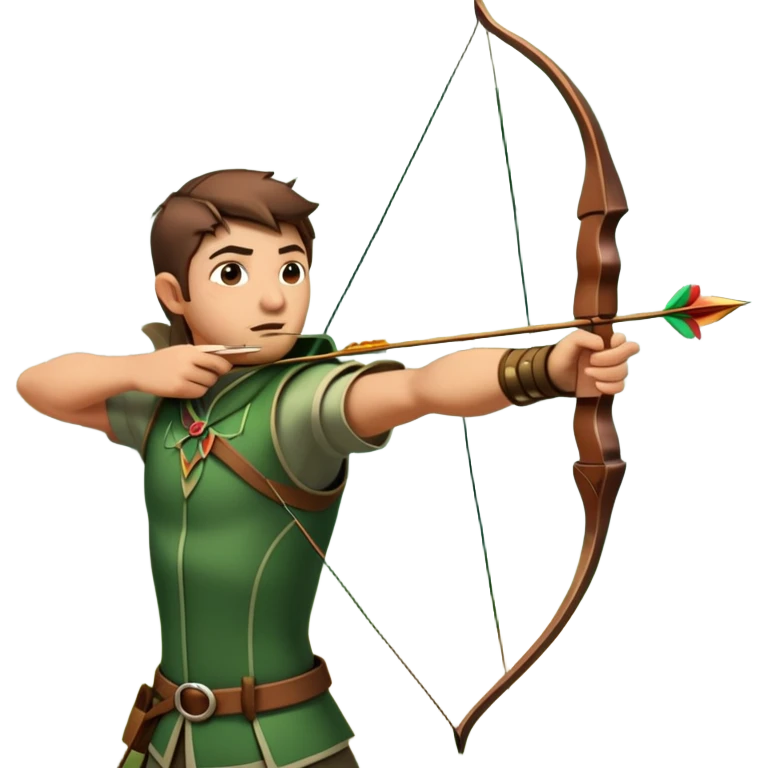 A skilled archer, resembling Robin Hood, drawing a bow and releasing an arrow towards a target. The scene captures the perfect moment of release, with the bowstring taut and the arrow flying toward the bullseye, set in a forest or archery range background. emoji