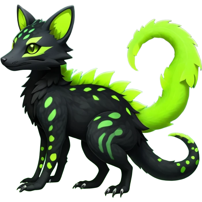 Rare realistic black edgy toxic radioactive-themed black fur with neon-lime-green-glowing  epic handsome gorgeous aesthetic vibrant Vernid-Trico-Genet-Salandit-species-hybrid-Fakemon-creature by LiLaiRa, 4 legs, 1 tail, random markings, (full body) emoji