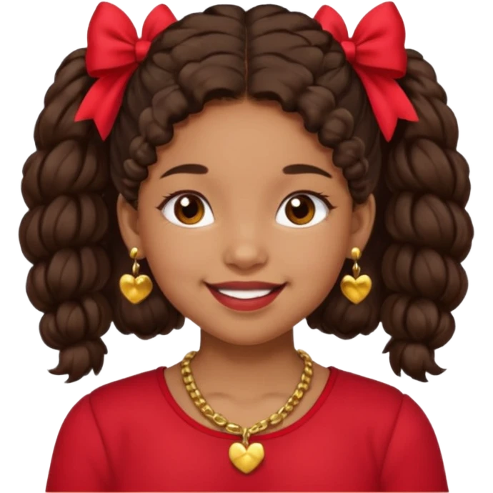 Brownskin girl dark brown hair fluffy. pigtails with red bows brown eyes smiling closed mouth red shirt gold esrrings gold necklace emoji