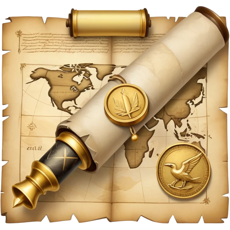 An icon featuring an ancient scroll, a quill, and a historical artifact like a shield or coin. The design includes a backdrop of old maps and timelines, symbolizing the study of past events and civilizations. Transparent background highlights the exploration of history. emoji
