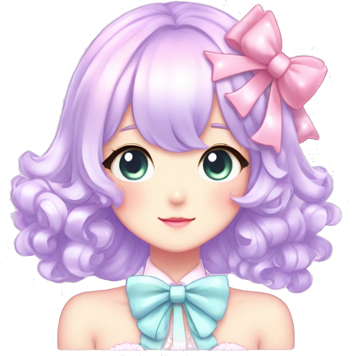 Gorgeous pastel anime style lady with blushing face with sparkly bow tie idol model cottagecore fairycore pastelcore shiny colorful pearly petite simplistic aesthetic trending style emoji