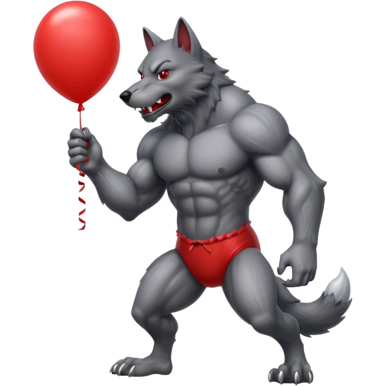 Gray werewolf inflating a giant red balloon emoji