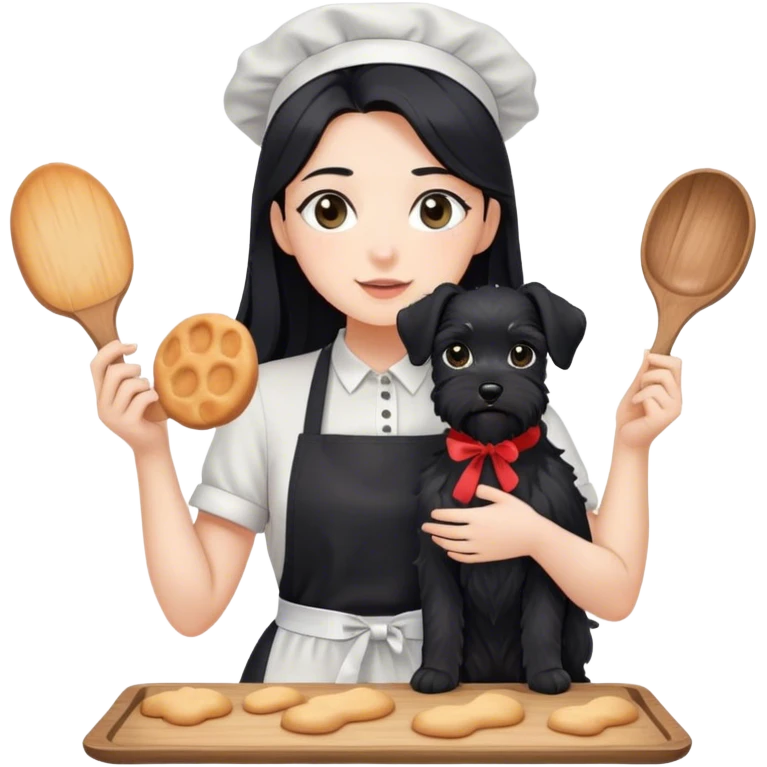 pale girl with long black hair wearing black long shirt wearing apron and baking holding black floppy ear schnauzer emoji