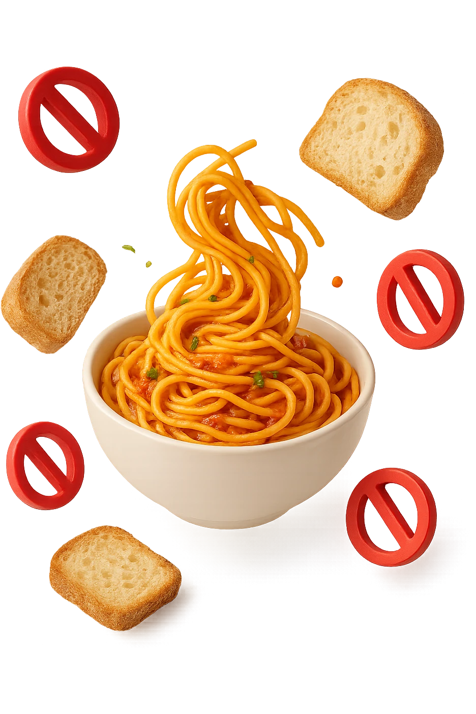 bowl di pasta e fettine di pane che fluttuano in aria con piccoli divieti 3d, sfondo bianco, iperrealistico 4k emoji