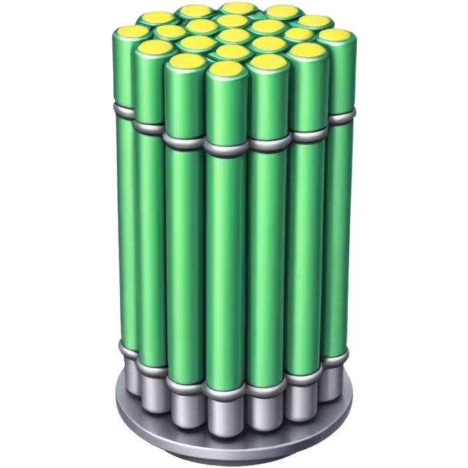 A bundle of uranium fuel rods used in a nuclear reactor, with a metallic structure and cylindrical rods, arranged in a hexagonal grid, futuristic and industrial style emoji
