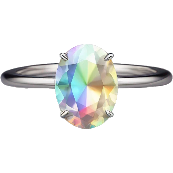 Oval gem with iridescent pastel rainbow prism multicolored gem engagement ring with thin platinum band emoji