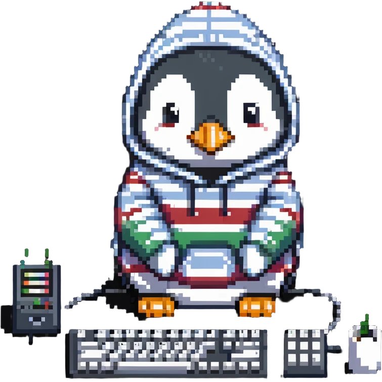 A retro-style penguin with a striped hoodie typing on an old-school computer keyboard emoji