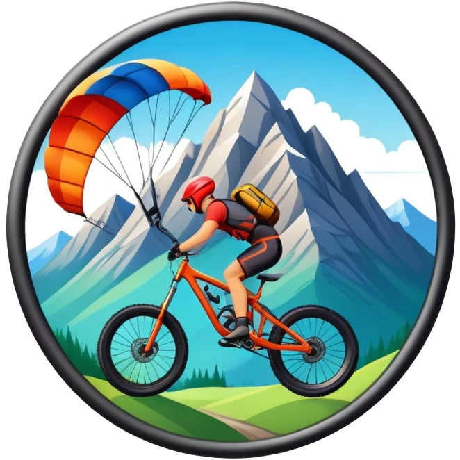 A bold, dynamic emblem combining elements of extreme sports like a mountain, a bike, and a parachute, all within a circular or shield-like shape. The design conveys speed, adventure, and adrenaline, with sharp lines and vibrant colors representing the thrill and intensity of extreme sports. emoji