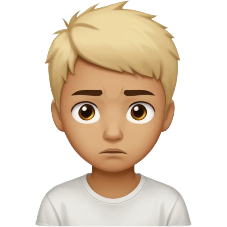 caramel skin color. Teen age. Short buzz, messy blonde hair, dark brown bushy eyebrows large expressive golden-brown eyes, brown skin color, scar over nose, wearing a plain white t-shirt. Disappointed thinking facial expression. caramel skin color emoji
