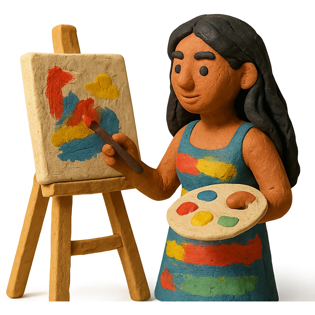 tanned woman artist with long black hair, wearing a colorful dress, painting at an easel, holding a palette and brush, claymation style emoji